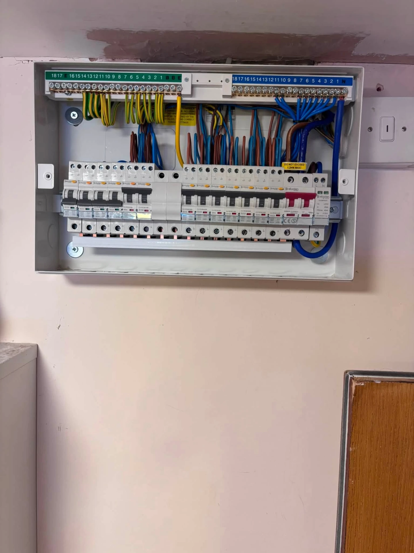 Newly installed consumer unit with labelled circuits, electrical work by Morlec Electrical in Pembrokeshire